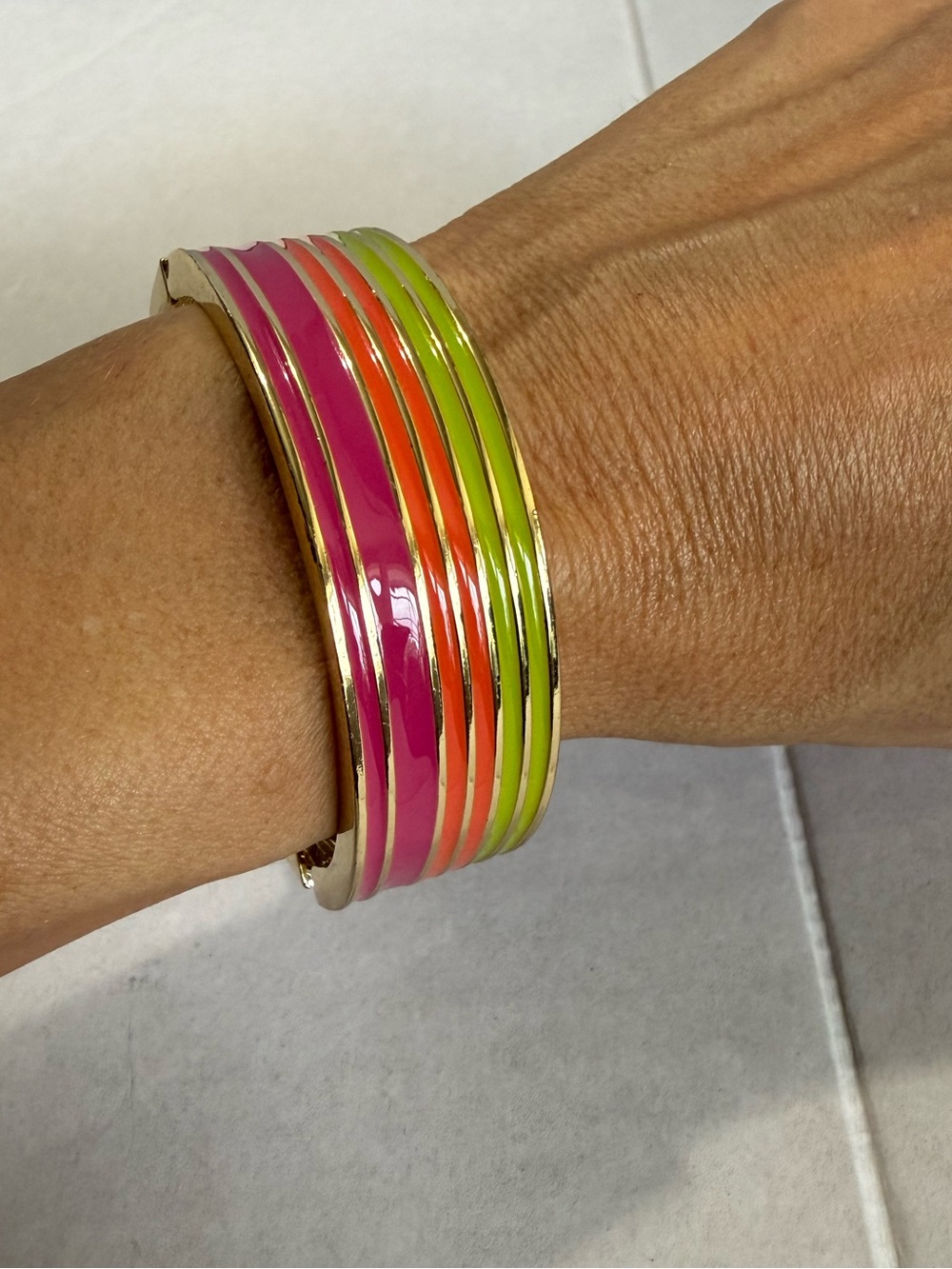 BRIGHT Enamel Gold Base Clamper Bangle Bracelet - Pink, Orange & Lime